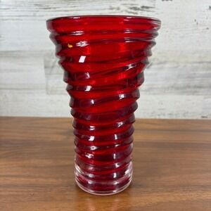 FTD Ruby Red Ribbon Spiral Swirl Glass Vase, Vintage, 9"